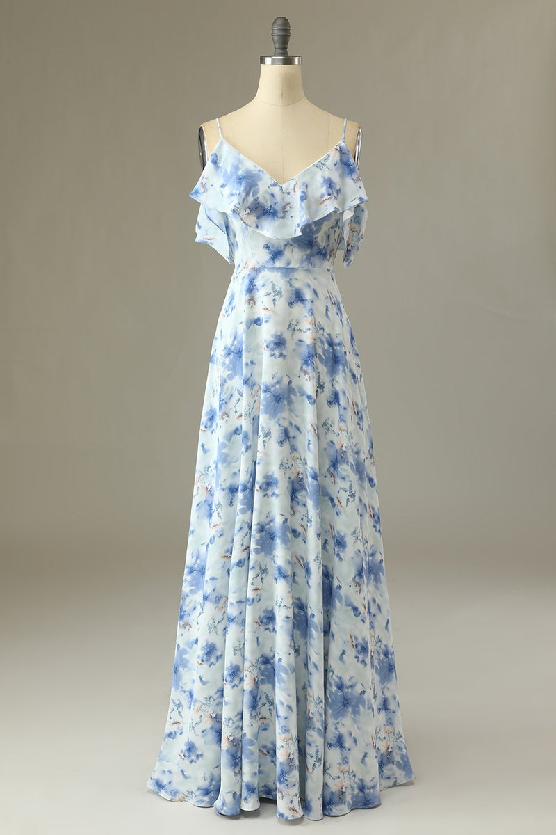 Załaduj obraz do przeglądarki galerii, Linia Z Ramion Niebieska Kwiatowa Sukienka Dla Druhny