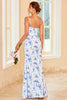 Załaduj obraz do przeglądarki galerii, Niebieskie Kwiatowy Nadruk Długa Suknia Druhny z rozdwojonym frontem