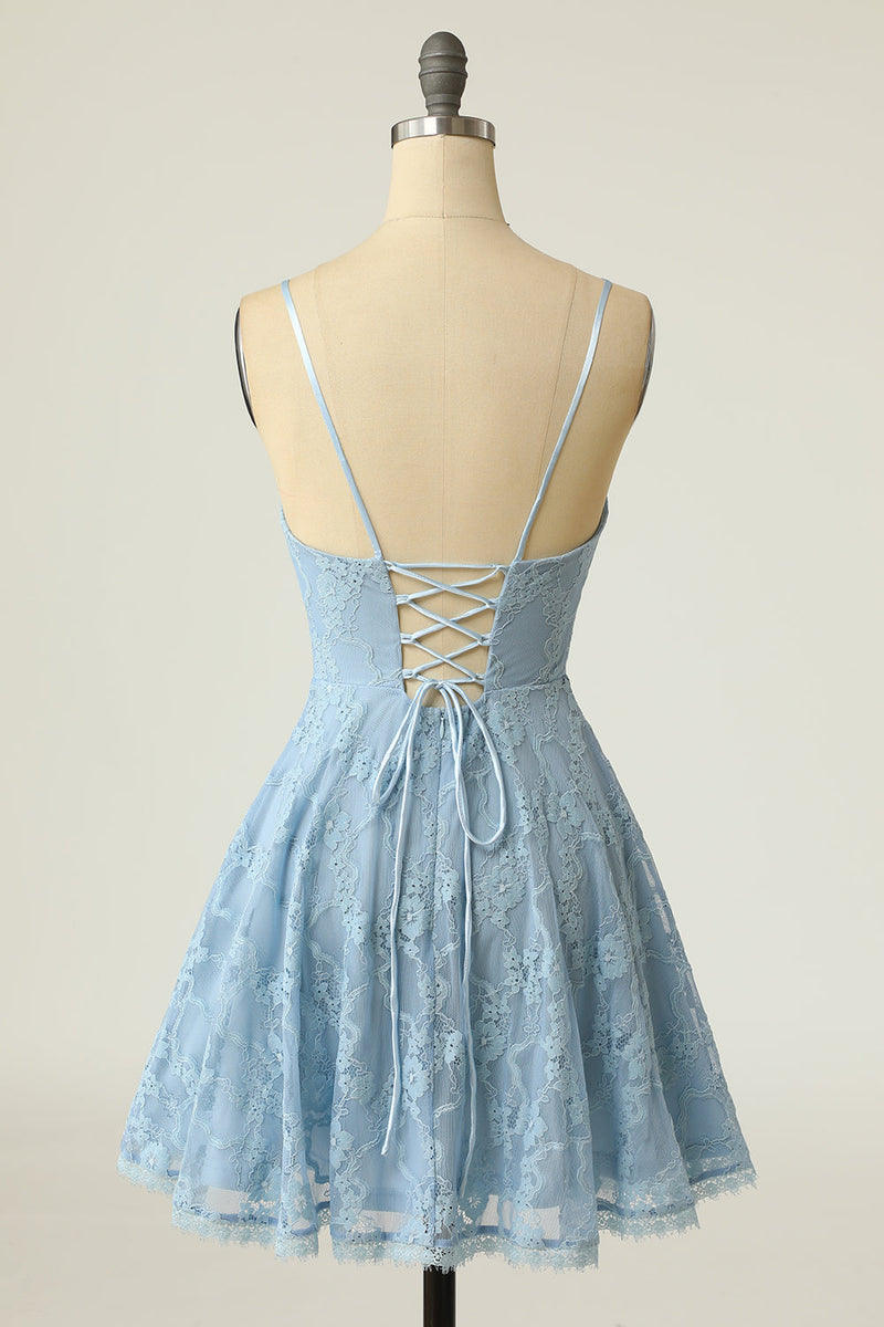 Załaduj obraz do przeglądarki galerii, Cienkich Ramiączka Koronkowa Niebieska Sukienka Koktajlowa