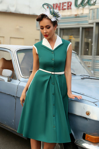 Zielona Klapa Szyi Sukienka Vintage z Pas