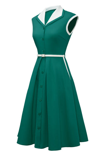 Zielona Klapa Szyi Sukienka Lata 50 z Pas