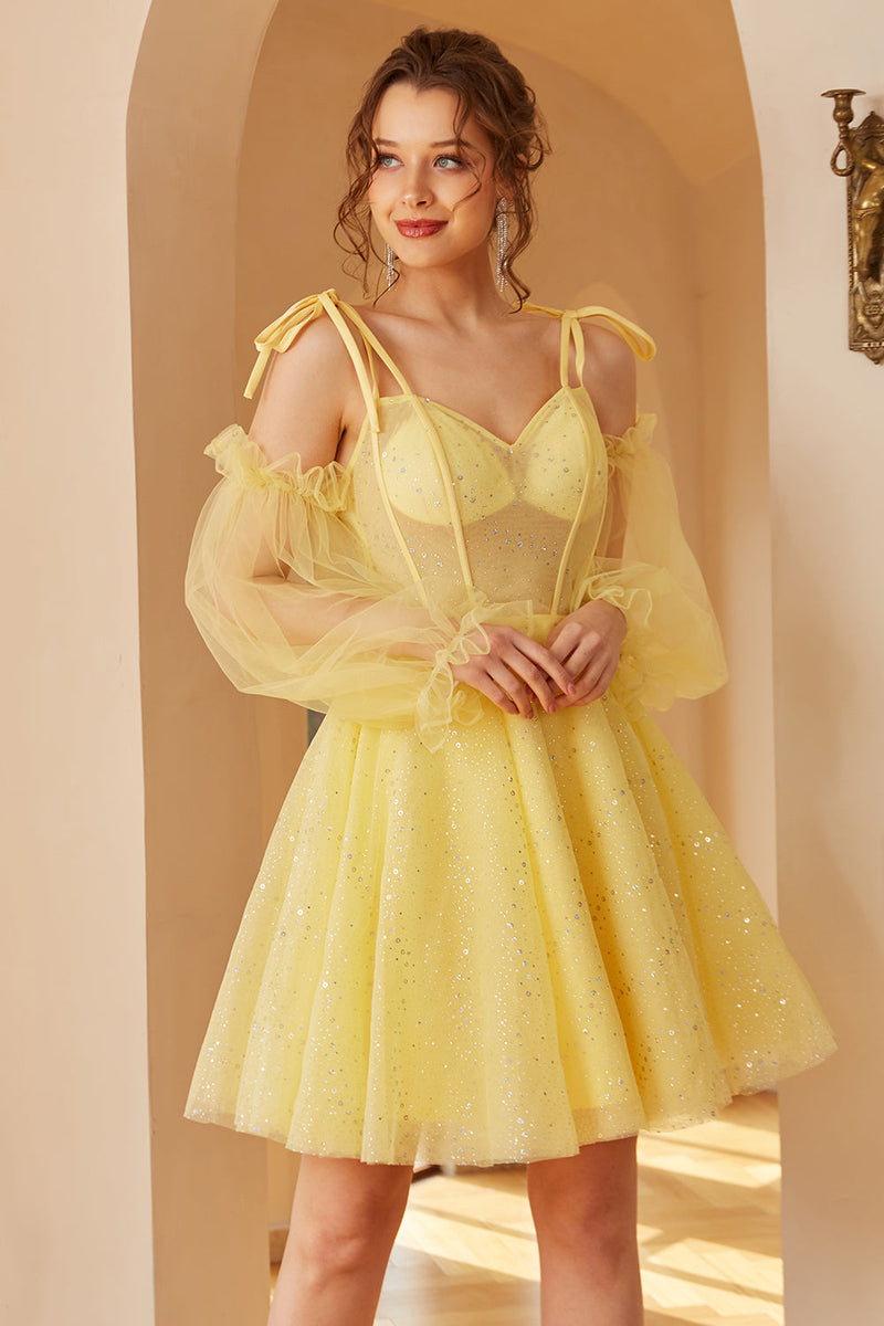 Załaduj obraz do przeglądarki galerii, Żółte Cienkich Ramiączkach Krótka Sukienka Imprezowa