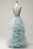 Załaduj obraz do przeglądarki galerii, Niebieska Błyszcząca Dekolt V Tiulowe Sukienki Wieczorowe z Koralikami