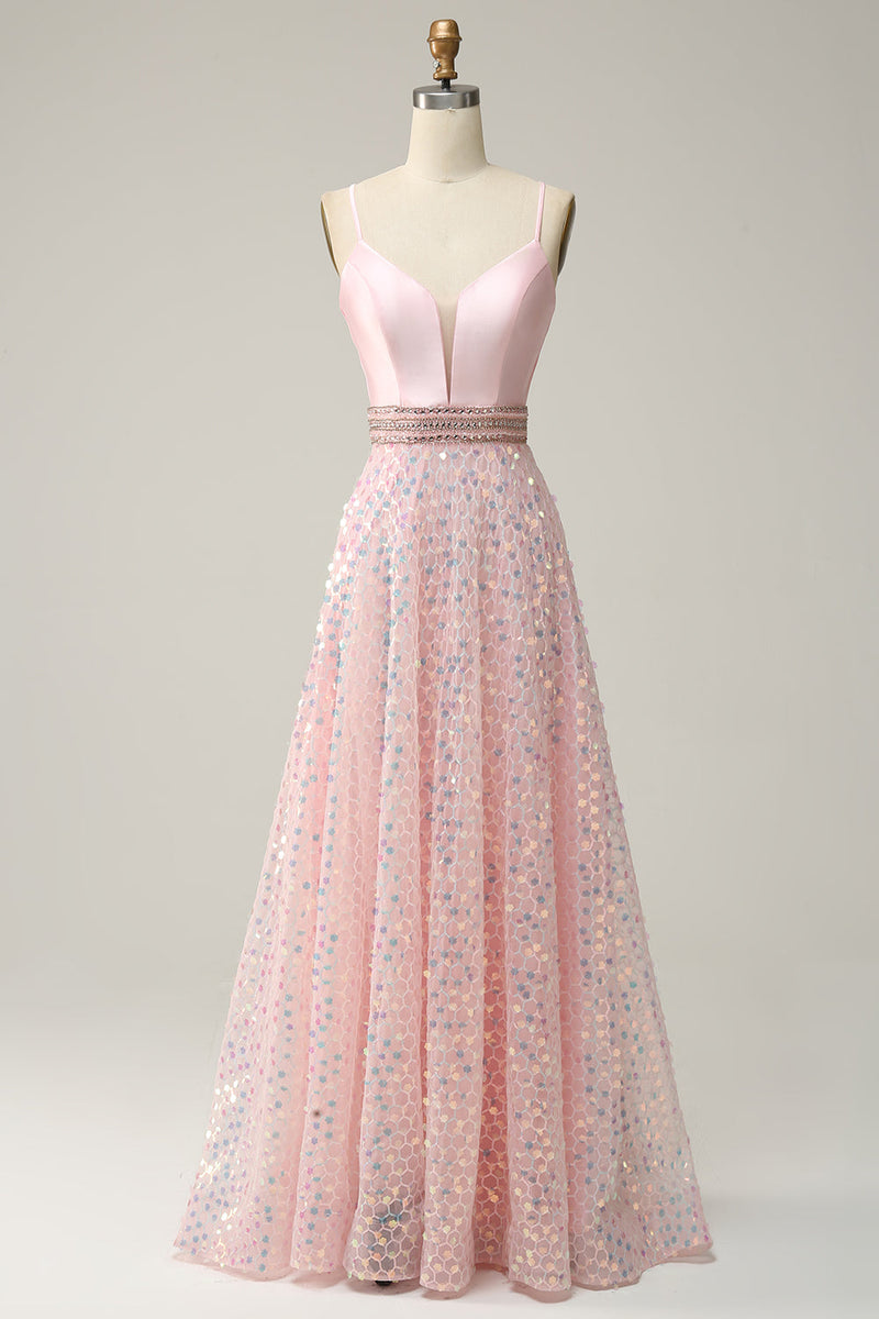 Załaduj obraz do przeglądarki galerii, Długa Cienkich Ramiączkach Różowa Sukienki Wieczorowe z Koralikami