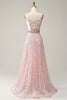 Załaduj obraz do przeglądarki galerii, Długa Cienkich Ramiączkach Różowa Sukienki Wieczorowe z Koralikami