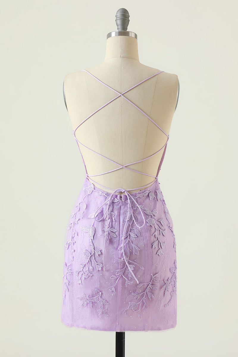 Załaduj obraz do przeglądarki galerii, Fioletowa sukienka Bodycon Homecoming z aplikacjami bez pleców