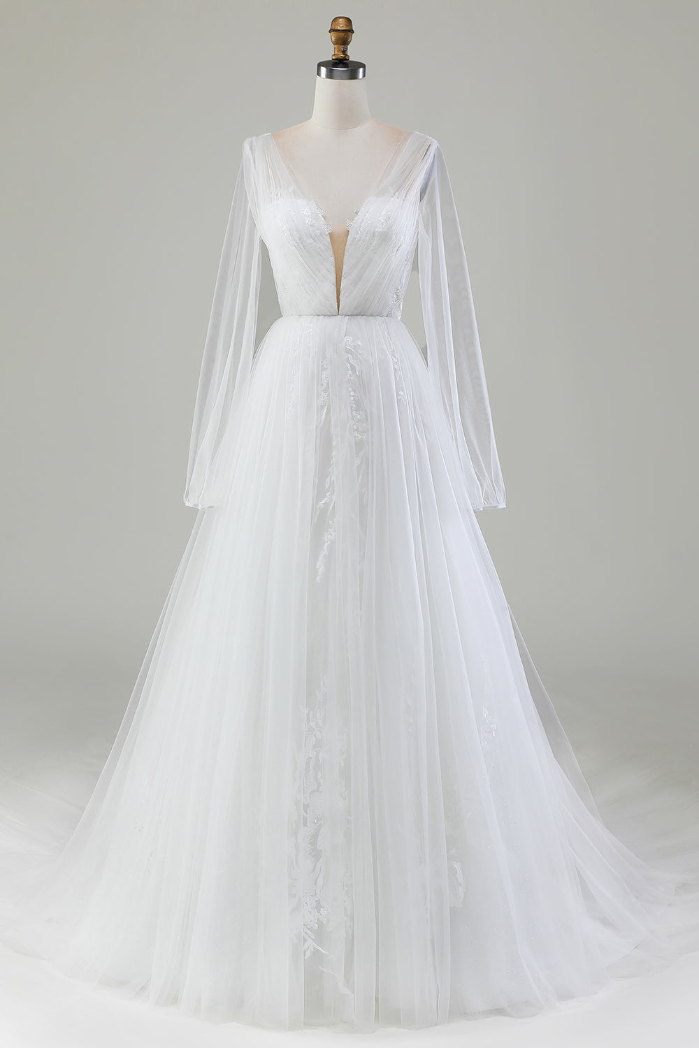Plisowana tiulowa suknia ślubna w kształcie litery A z dekoltem w szpic i długimi rękawami