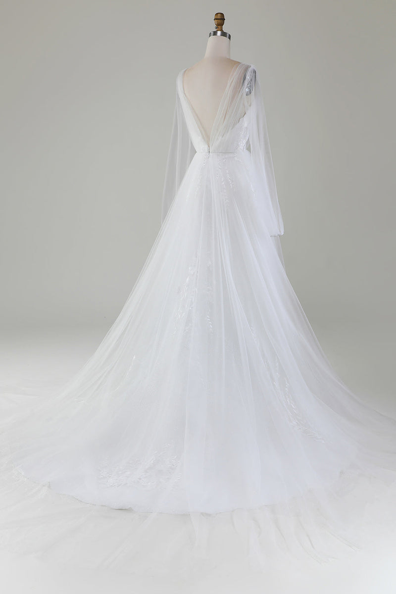 Załaduj obraz do przeglądarki galerii, Plisowana tiulowa suknia ślubna w kształcie litery A z dekoltem w szpic i długimi rękawami