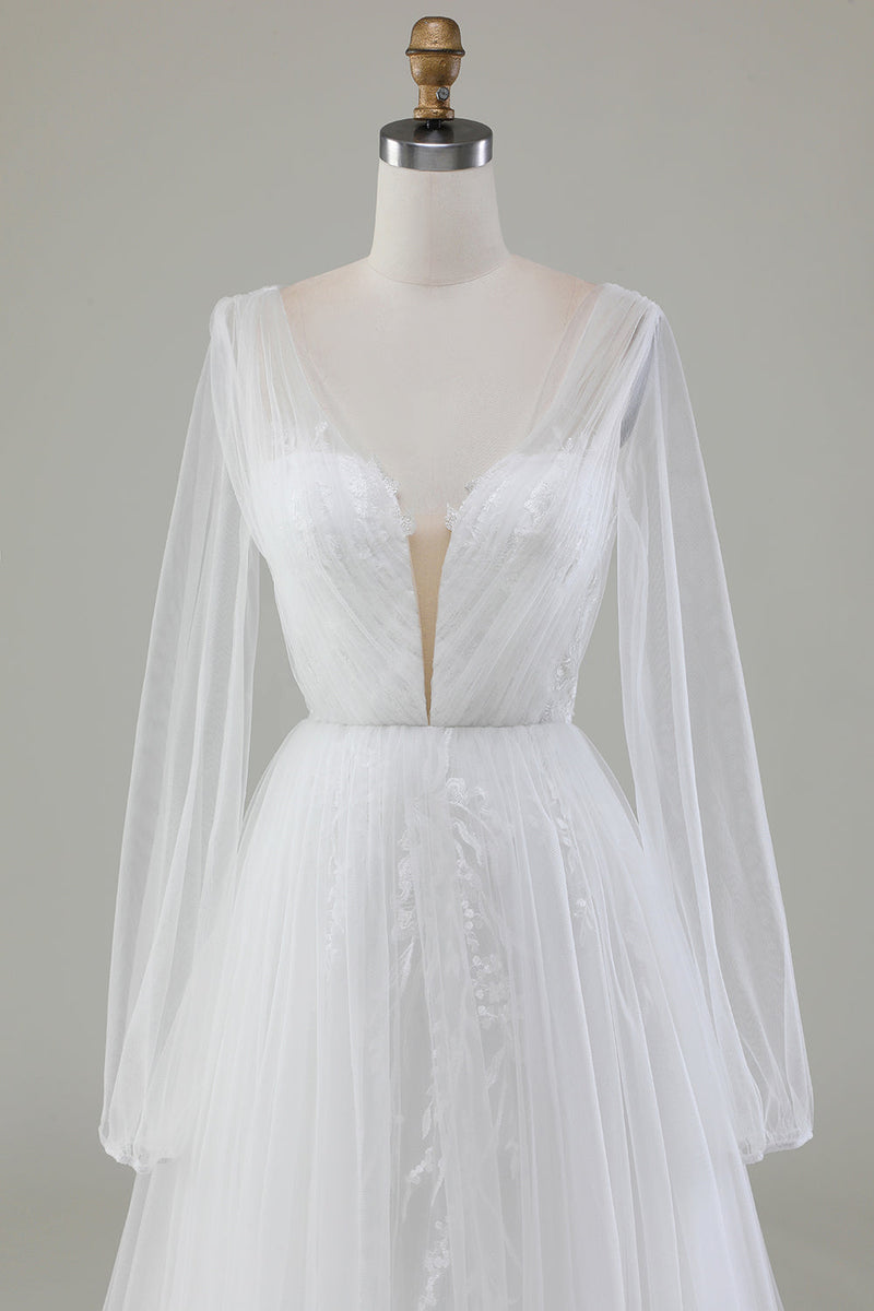 Załaduj obraz do przeglądarki galerii, Plisowana tiulowa suknia ślubna w kształcie litery A z dekoltem w szpic i długimi rękawami