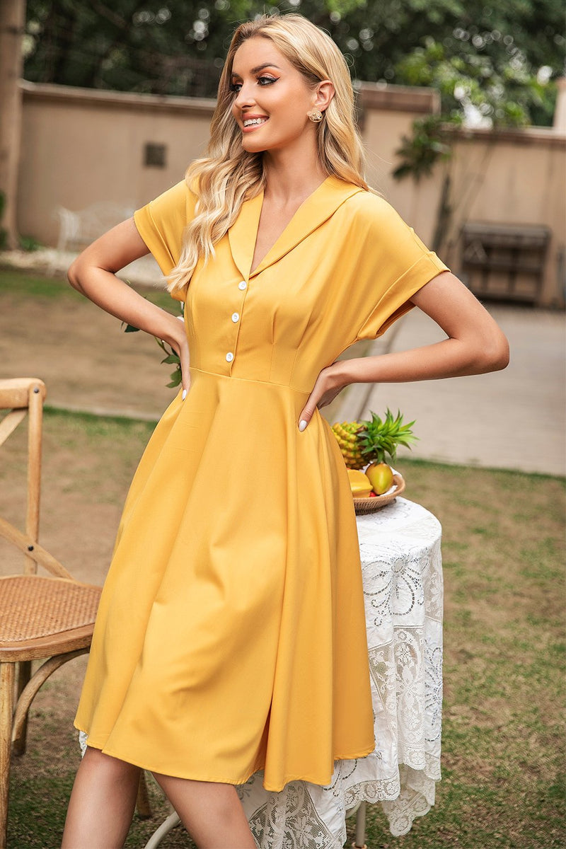 Załaduj obraz do przeglądarki galerii, Elegancka żółta sukienka vintage z dekoltem w serek