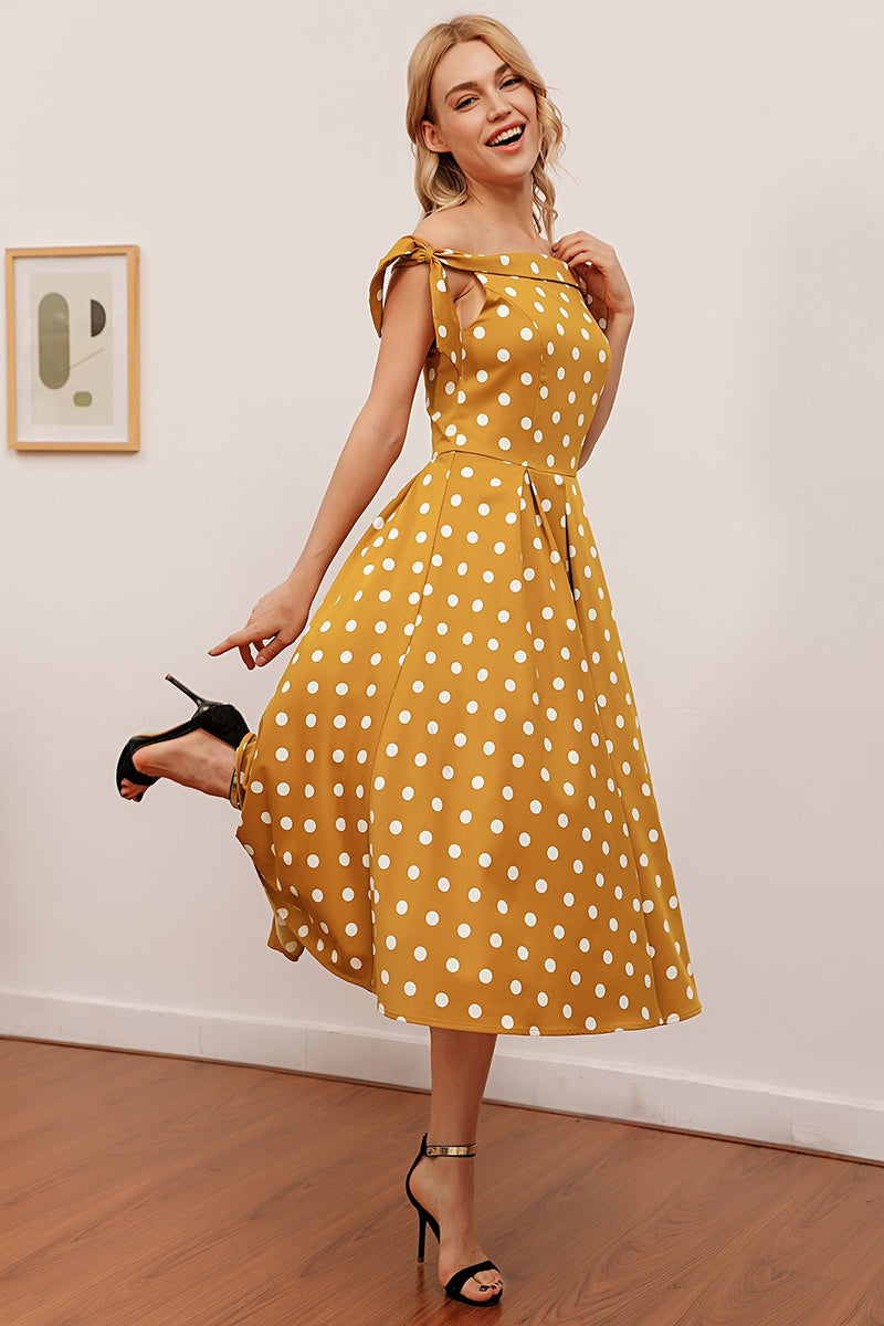 Załaduj obraz do przeglądarki galerii, Żółta polka kropki vintage sukienka