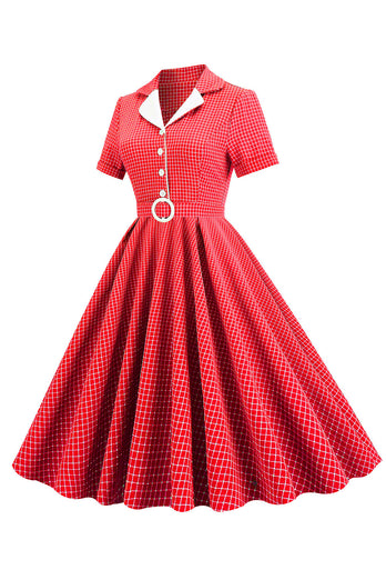 Czerwona Sukienka Lata 50 w Kratkę