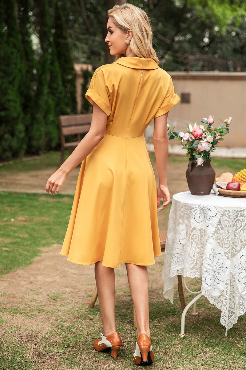 Załaduj obraz do przeglądarki galerii, Elegancka żółta sukienka vintage z dekoltem w serek
