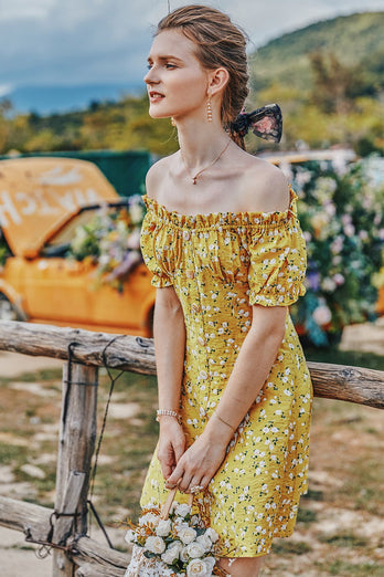 Żółta Sukienka Na Lato Mini W Kwiaty