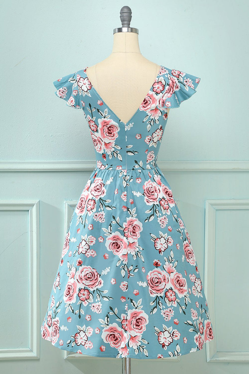 Załaduj obraz do przeglądarki galerii, Niebieski kwiatowa sukienka vintage
