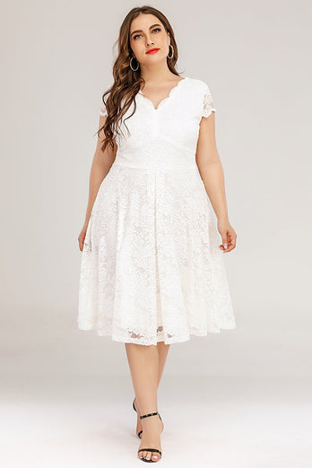 Plus Rozmiar Biała sukienka z koronki Midi