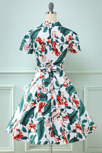 Retro Dekolt w serek Liść drukowane Vintage Sukienka