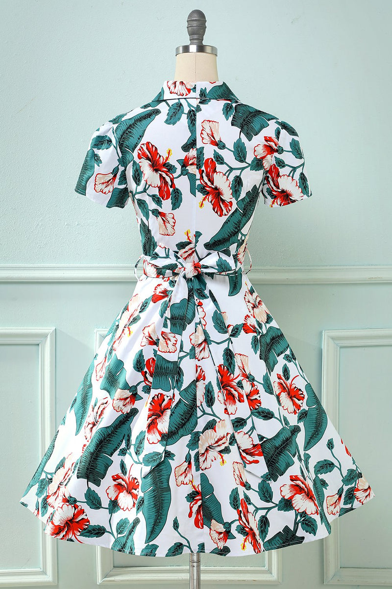 Załaduj obraz do przeglądarki galerii, Retro Dekolt w serek Liść drukowane Vintage Sukienka