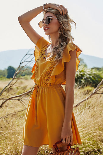 Żółta Mini Sukienki Letnie Z Falbankami