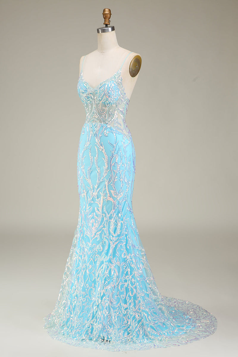 Załaduj obraz do przeglądarki galerii, Niebieskie Błyszcząca Syrenka Sukienki Na Studniówke