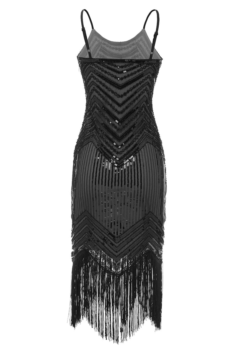 Załaduj obraz do przeglądarki galerii, Czarna Morela Cienkich Ramiączkach Sukienka Lata 20 Z Frędzlami