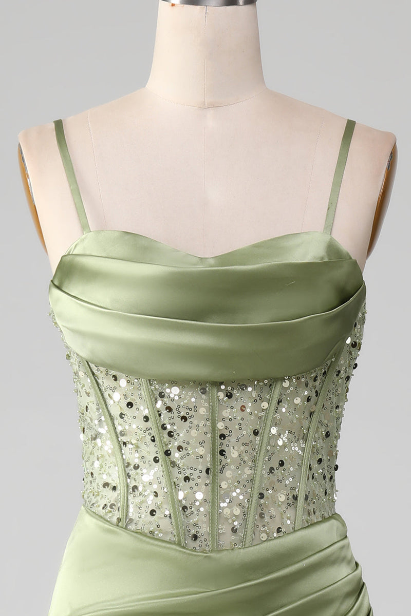 Załaduj obraz do przeglądarki galerii, Gorsetowa Zielona Sukienki Syrenka Na Studniówke Z Rozcięciem