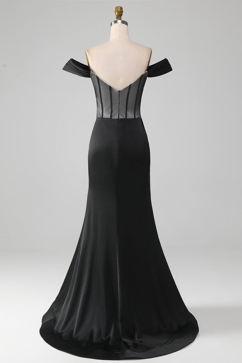 Załaduj obraz do przeglądarki galerii, Czarna Gorsetowa Sukienki Na Studniówke z Odkrytymi Ramionami