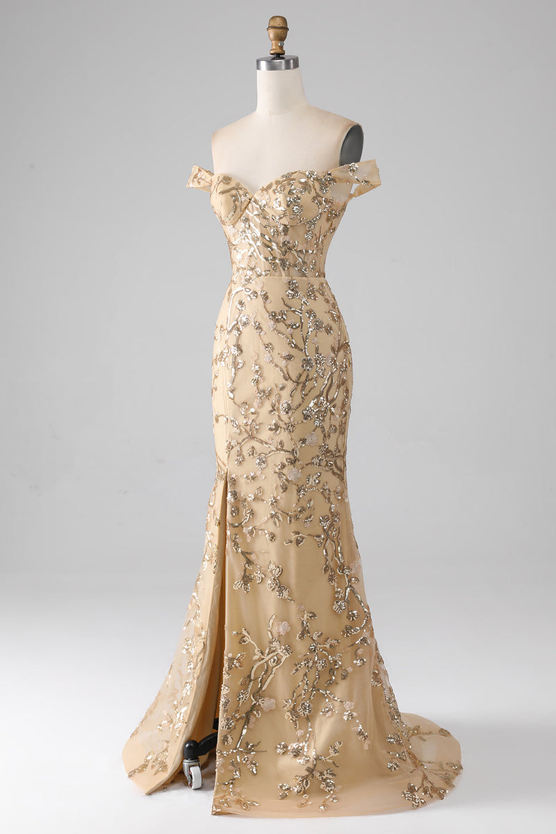 Załaduj obraz do przeglądarki galerii, Syrenka Off The Shoulder Złota Długa Sukienka Na Studniówkę Z Koralikami Z Rozcięciem