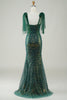 Załaduj obraz do przeglądarki galerii, Błyszcząca Ciemnozielona Syrena Cekinowa Długa Sukienka Na Studniówkę Z Rozcięciem