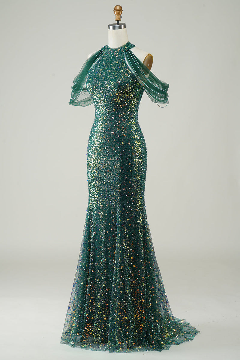 Załaduj obraz do przeglądarki galerii, Błyszcząca Ciemnozielona Cekinowa Sukienka Syrena Długa Sukienka Na Studniówkę