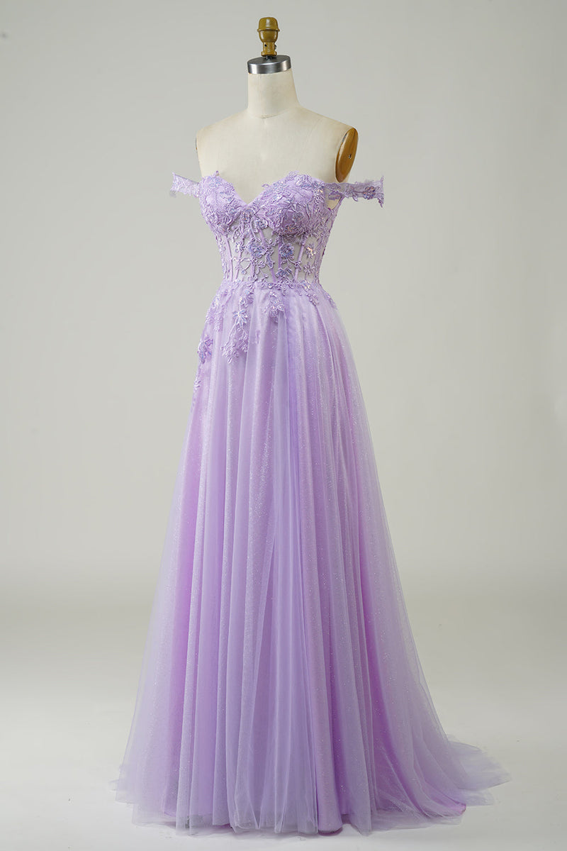 Załaduj obraz do przeglądarki galerii, Fioletowy Gorset Długa Tiulowa Sukienka Na Studniówkę Z Koronką