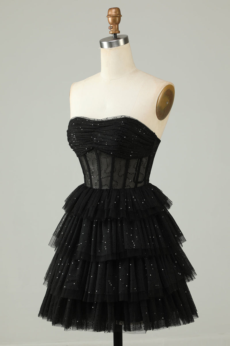 Załaduj obraz do przeglądarki galerii, Czarny A Line bez ramiączek z otwartym gorsetem Homecoming Dress