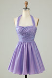 Purple Halter Open Back Bez rękawów A Line Homecoming Dress