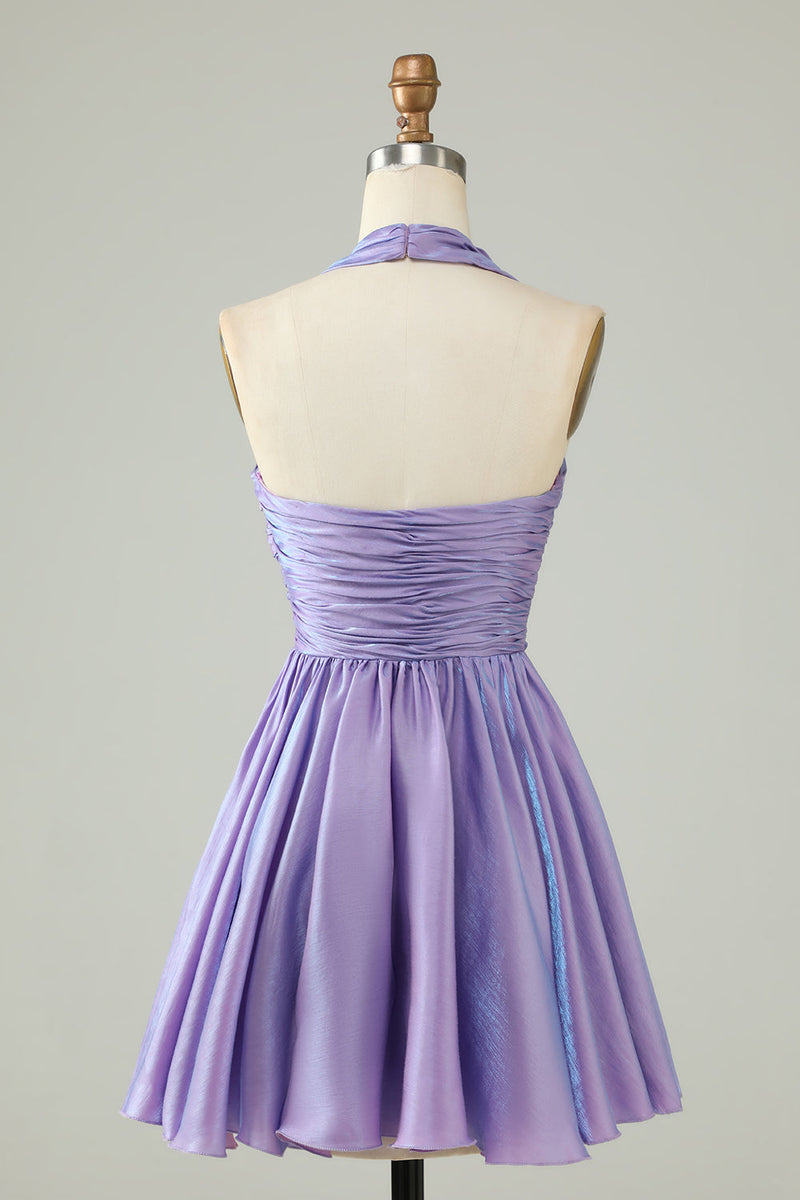 Załaduj obraz do przeglądarki galerii, Purple Halter Open Back Bez rękawów A Line Homecoming Dress
