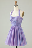 Purple Halter Open Back Bez rękawów A Line Homecoming Dress