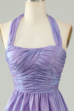 Purple Halter Open Back Bez rękawów A Line Homecoming Dress