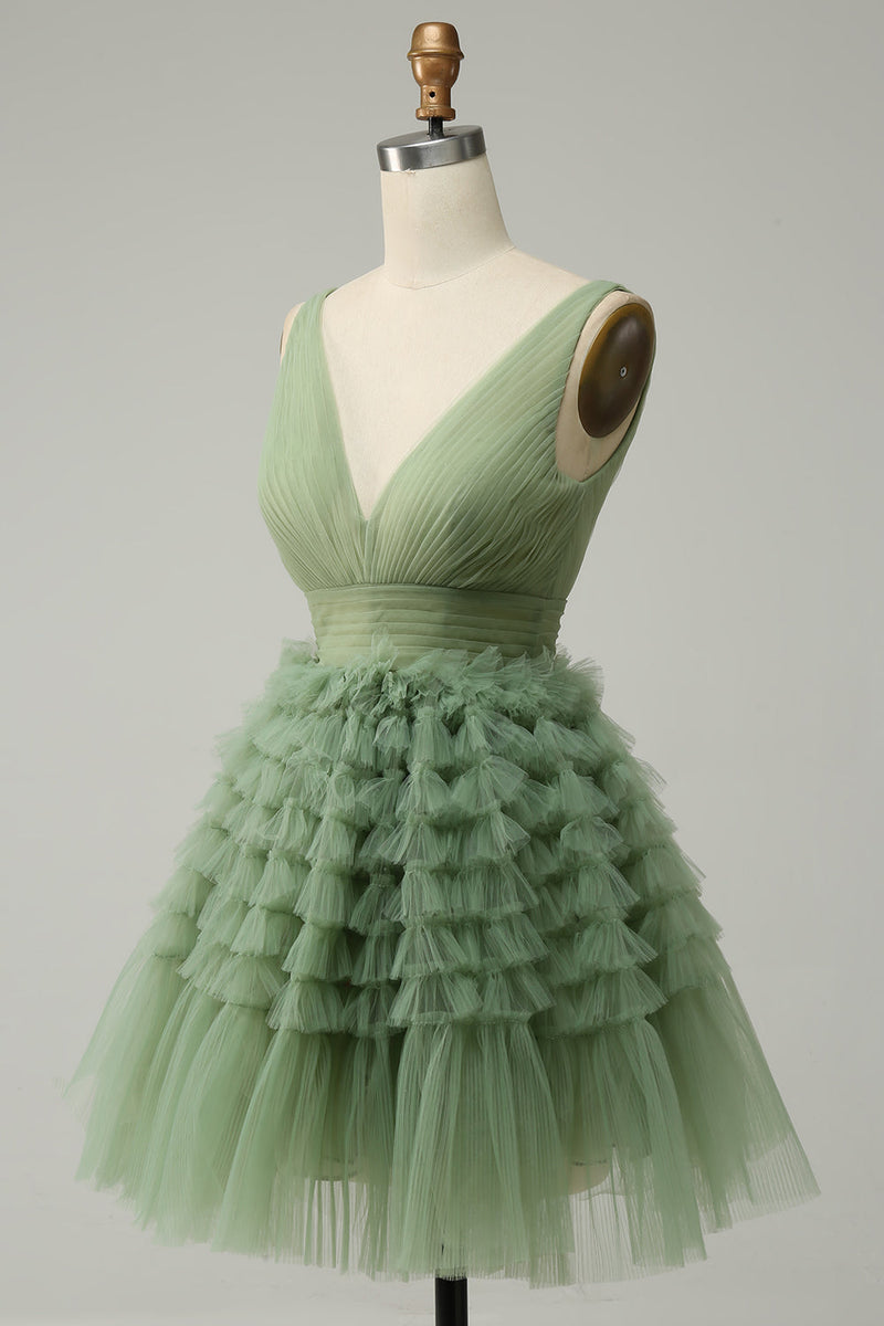 Załaduj obraz do przeglądarki galerii, Zielona Tiulowa Krótka Sukienki Na Impreze Z Dekoltem W Serek Z Odkrytymi Plecami