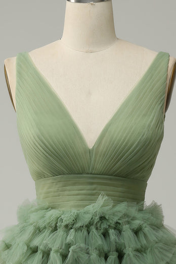 Zielona Tiulowa Krótka Sukienki Na Impreze Z Dekoltem W Serek Z Odkrytymi Plecami