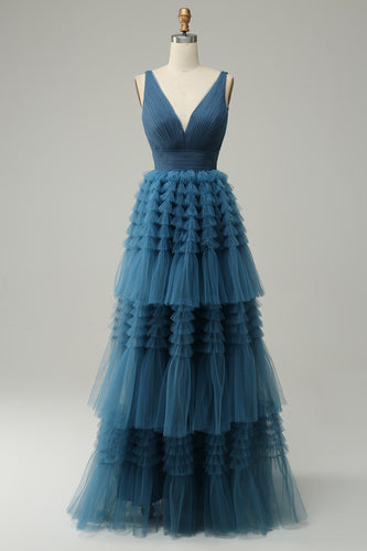 Niebieska Długa Sukienka Na Studniówkę Z Dekoltem W Serek Z Odkrytymi Plecami