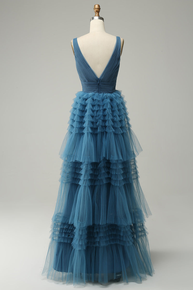 Załaduj obraz do przeglądarki galerii, Niebieska Długa Sukienka Na Studniówkę Z Dekoltem W Serek Z Odkrytymi Plecami