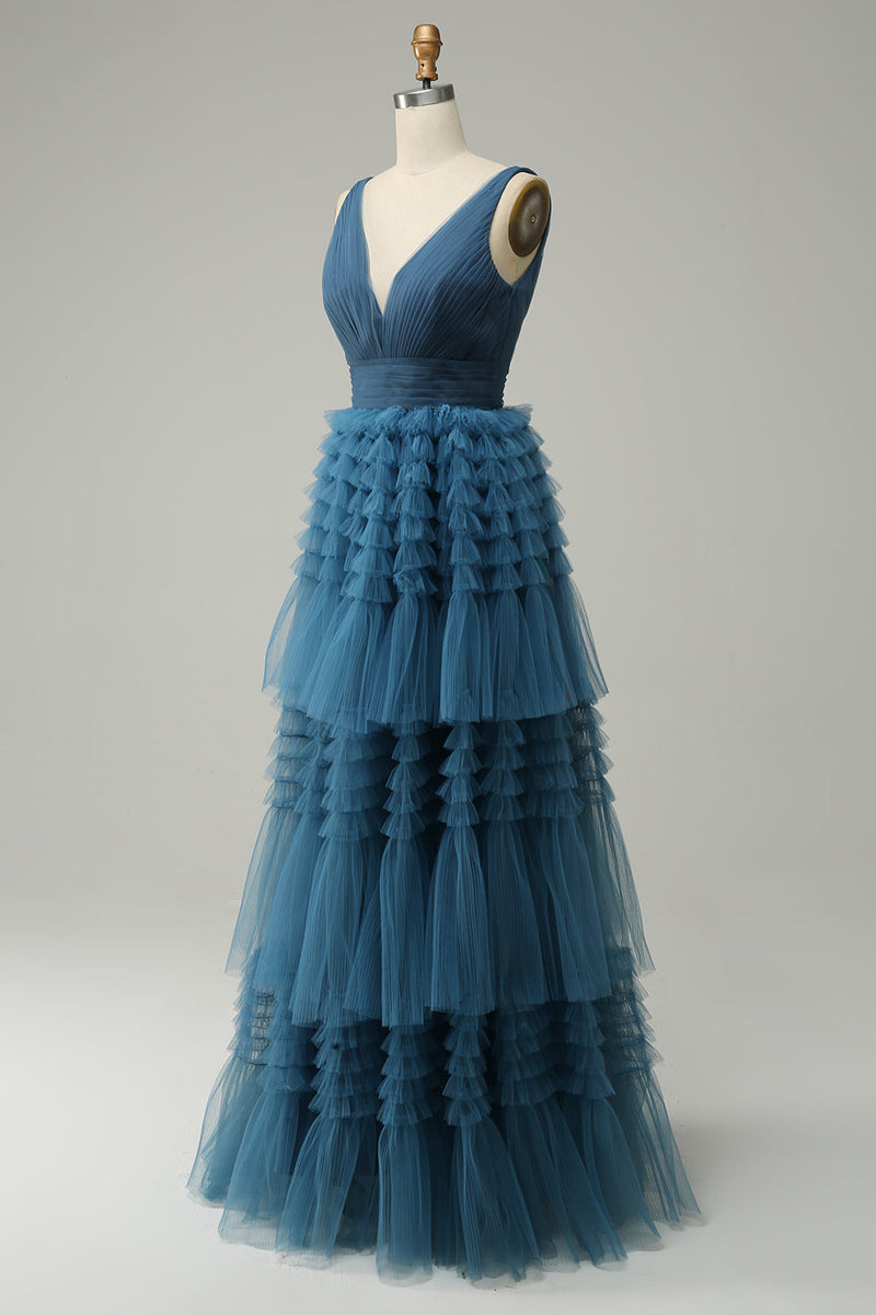 Załaduj obraz do przeglądarki galerii, Niebieska Długa Sukienka Na Studniówkę Z Dekoltem W Serek Z Odkrytymi Plecami