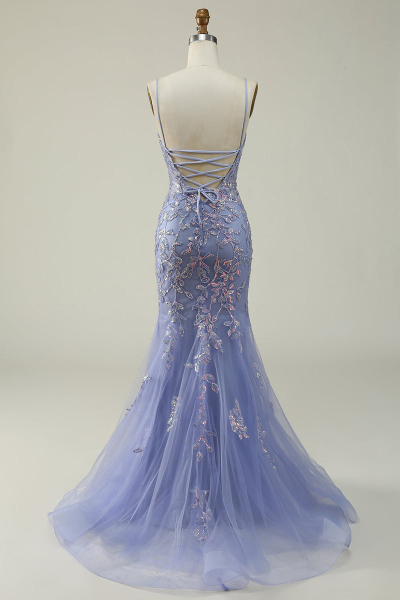 Załaduj obraz do przeglądarki galerii, Fioletowe Cienkich Ramiączkach Tiulowa Długa Sukienki Na Studniówke Z Aplikacjami