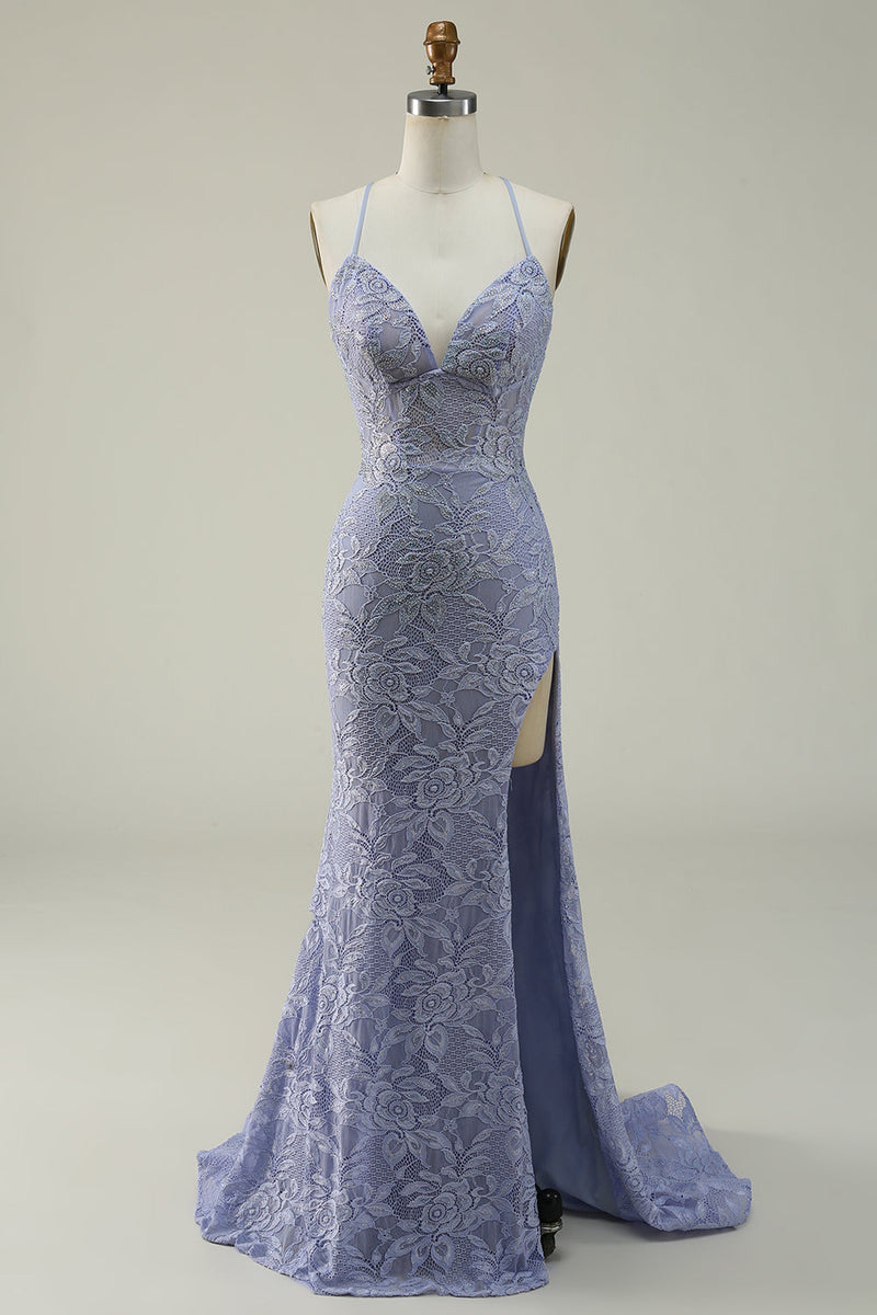Załaduj obraz do przeglądarki galerii, Dekolt Halter Syrena Fioletowa Koronkowa Długa Sukienka Na Studniówkę