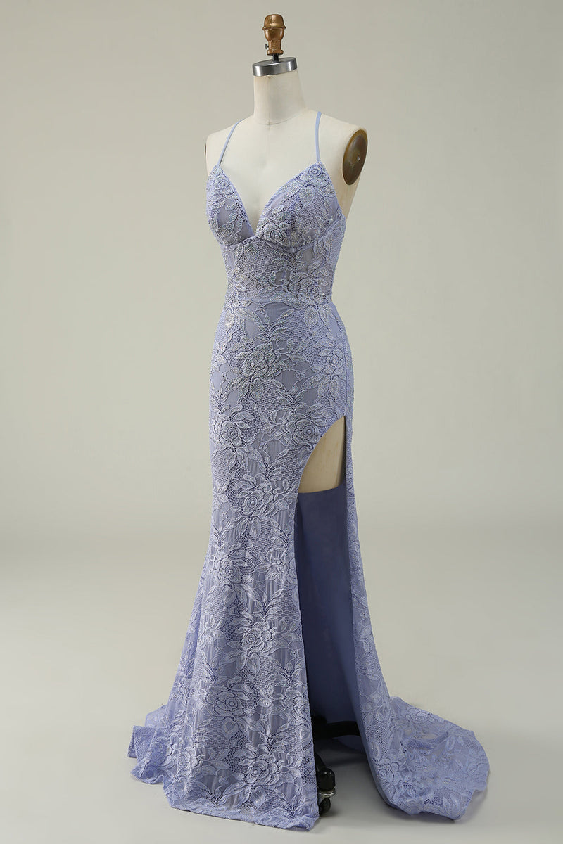 Załaduj obraz do przeglądarki galerii, Dekolt Halter Syrena Fioletowa Koronkowa Długa Sukienka Na Studniówkę