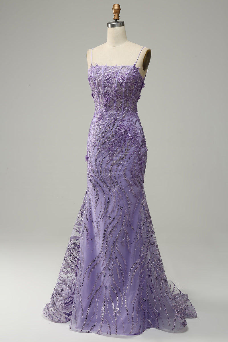 Załaduj obraz do przeglądarki galerii, Syrena Cienkich Ramiączkach Fioletowa Sukienka Na Studniówkę Z Frezowaniem