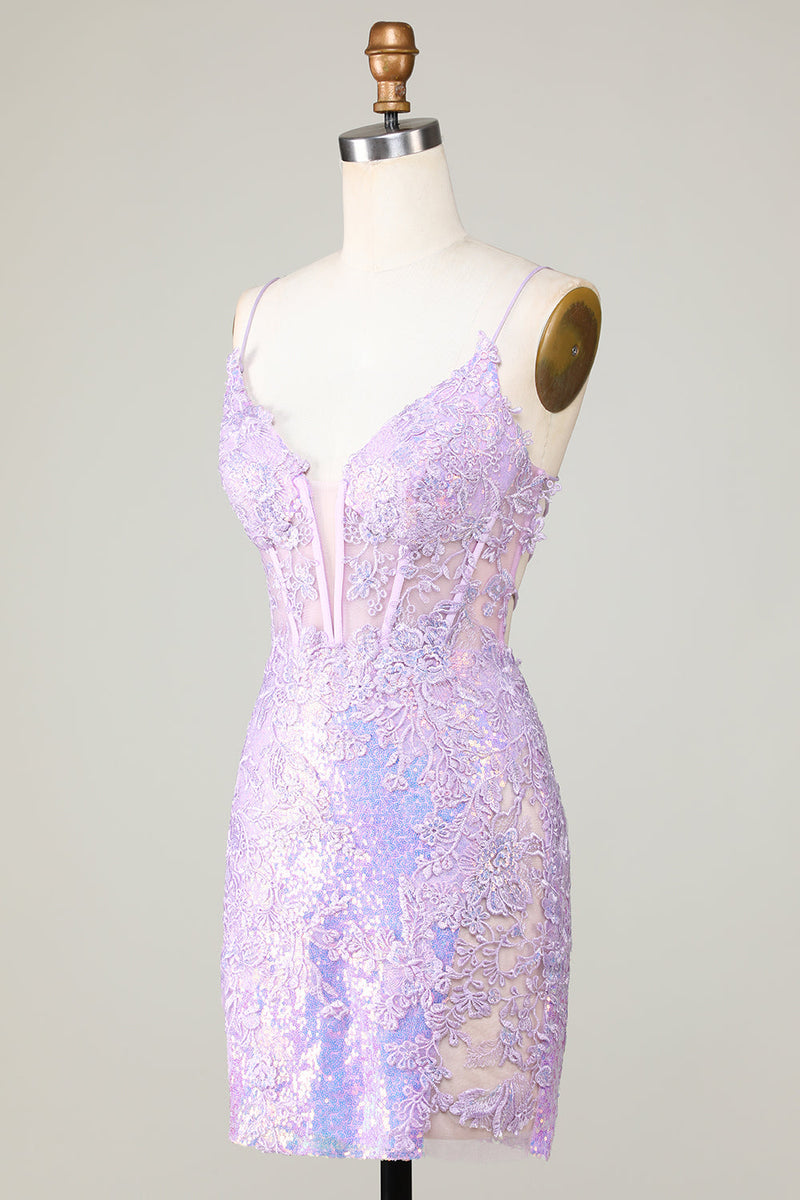 Załaduj obraz do przeglądarki galerii, Błyszcząca Cienkich Ramiączkach Fioletowe Sukienki Koktajlowe z Aplikacjami