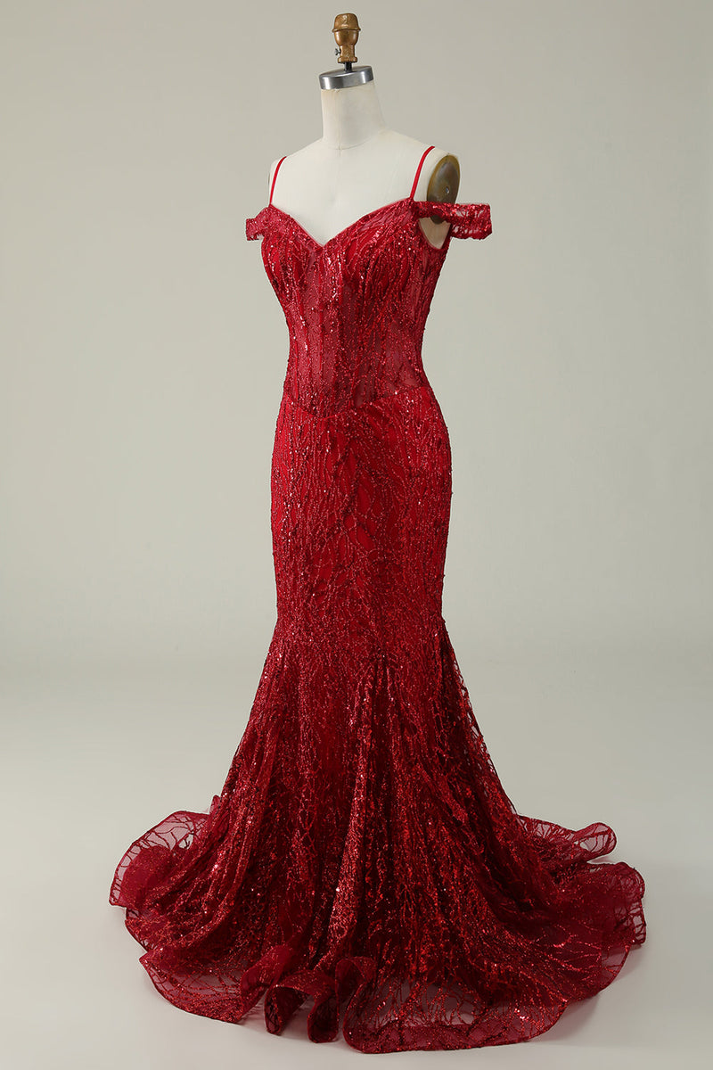 Załaduj obraz do przeglądarki galerii, Syrenka Zimne Ramię Burgundia Sukienki Na Studniówke z Gorsetem