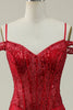 Załaduj obraz do przeglądarki galerii, Syrenka Zimne Ramię Burgundia Sukienki Na Studniówke z Gorsetem