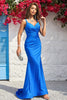 Załaduj obraz do przeglądarki galerii, Syrena Cienkich Ramiączkacha Niebieska Długa Sukienki Na Studniówke Z Otwartym Tyłem