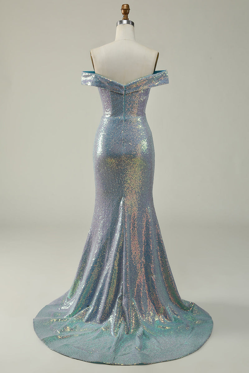 Załaduj obraz do przeglądarki galerii, Syrena Niebieska Błyszcząca Sukienki Na Studniówke Z Rozcięciem
